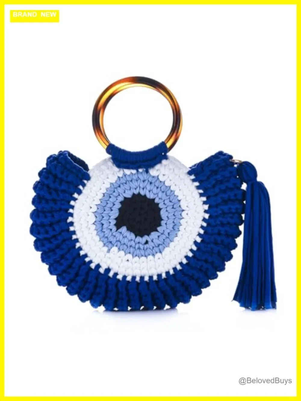 Handwoven Chunky Yarn Knitted Hobo Bag with Evil Eye Pattern Detachable Tassel